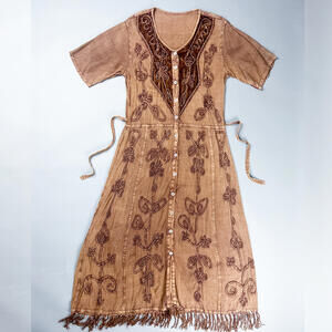 Vintage Boho Prairie Brown Embroidered Button-Down Maxi Dress with Fringe